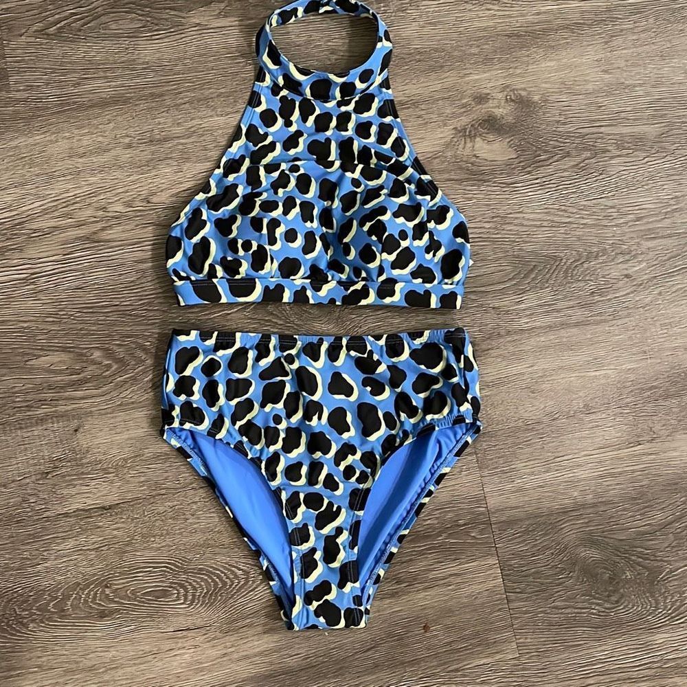 Small Anthropologie blue animal/leopard print bikini